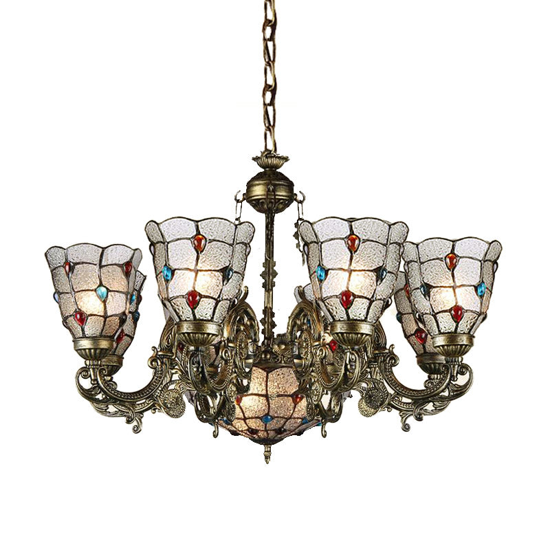 Tiffany Style Arm Chandelier With Frosted Glass Shades - 9/12 Lights Bronze Pendant Lamp For Living