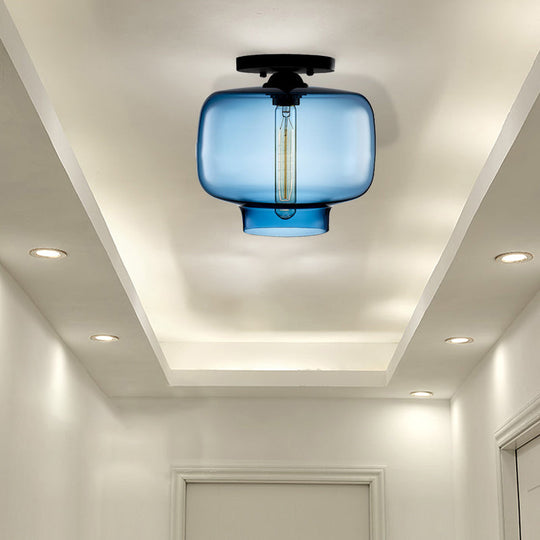 Modern Multi-Colored Lantern Flushmount Light With Glass Shade - Black Finish Sky Blue