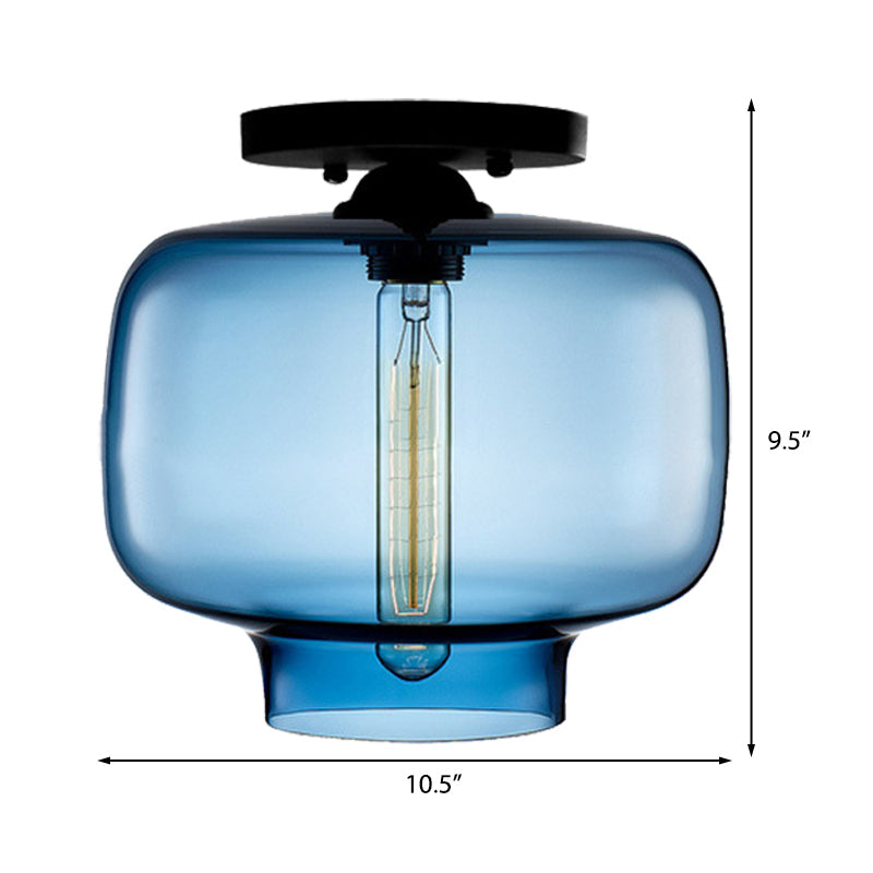 Modern Multi-Colored Lantern Flushmount Light With Glass Shade - Black Finish