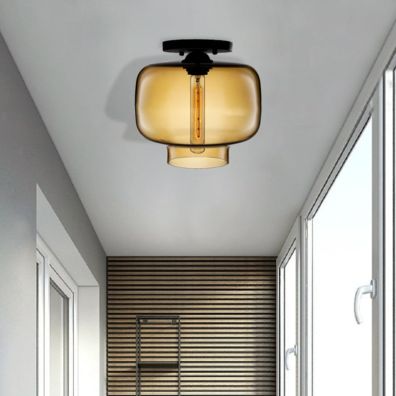 Modern Multi - Colored Lantern Flushmount Light With Glass Shade - Black Finish Amber