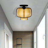 Modern Multi-Colored Lantern Flushmount Light With Glass Shade - Black Finish Amber