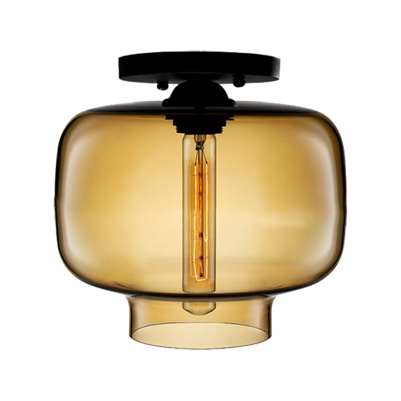 Modern Multi-Colored Lantern Flushmount Light With Glass Shade - Black Finish