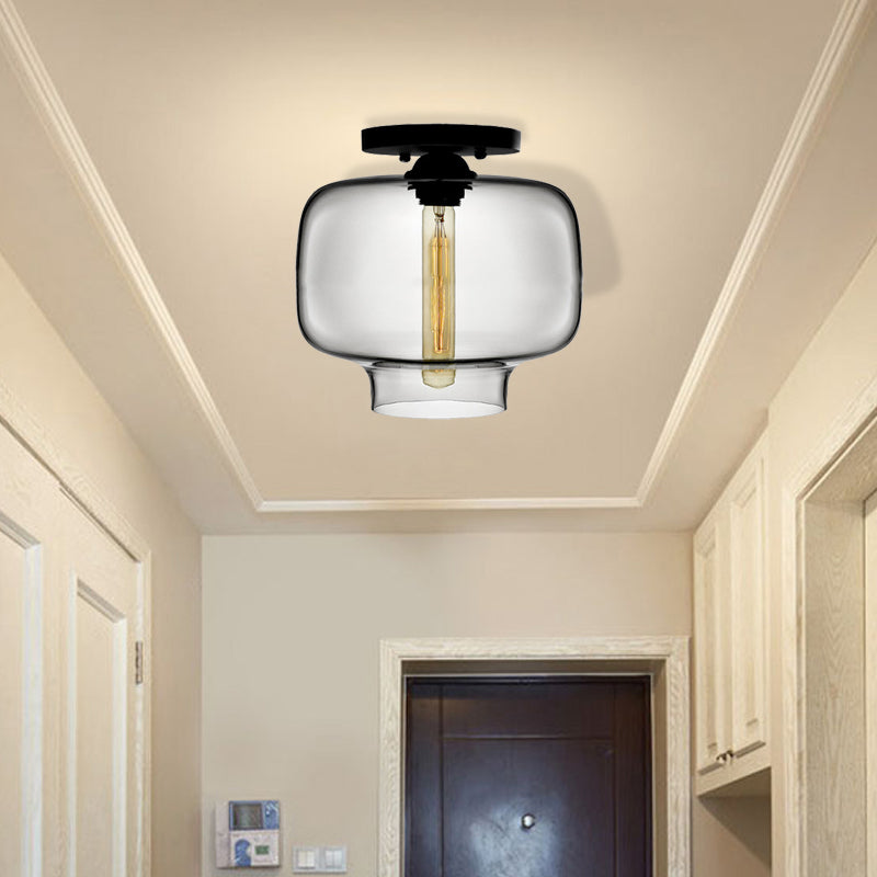 Modern Multi - Colored Lantern Flushmount Light With Glass Shade - Black Finish Smoke Gray