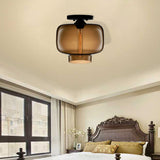 Modern Multi-Colored Lantern Flushmount Light With Glass Shade - Black Finish Coffee