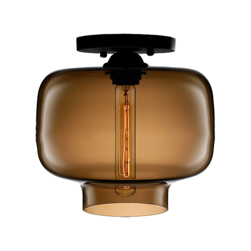 Modern Multi - Colored Lantern Flushmount Light With Glass Shade - Black Finish