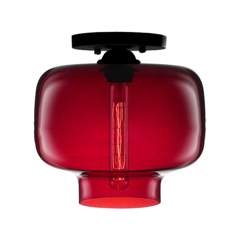 Modern Multi - Colored Lantern Flushmount Light With Glass Shade - Black Finish