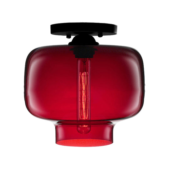 Modern Multi - Colored Lantern Flushmount Light With Glass Shade - Black Finish