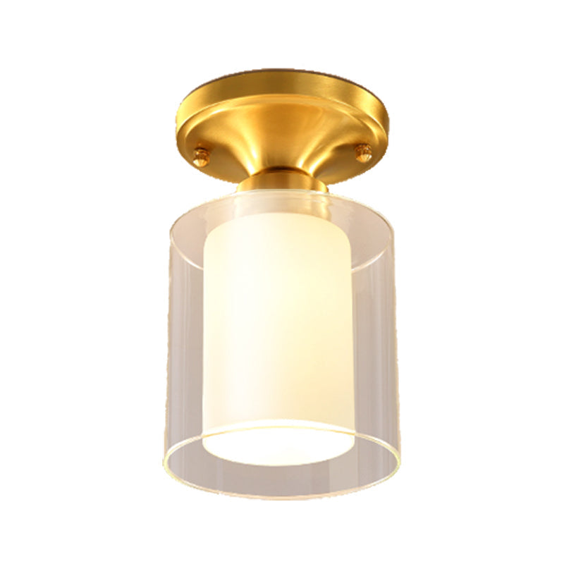 Gold Finish Cylindrical Semi Flush Ceiling Light - Glass Shade Simple 1-Bulb Semi-Flush Mount Ideal