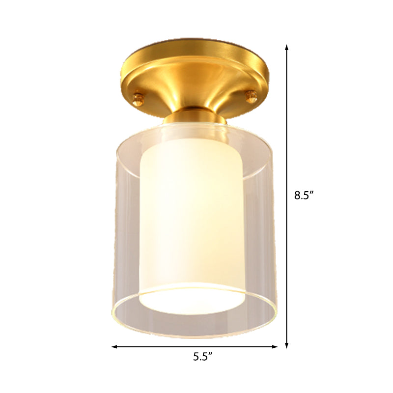 Gold Finish Cylindrical Semi Flush Ceiling Light - Glass Shade Simple 1 - Bulb Semi - Flush Mount