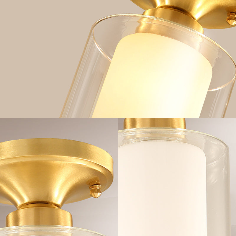 Gold Finish Cylindrical Semi Flush Ceiling Light - Glass Shade Simple 1-Bulb Semi-Flush Mount Ideal