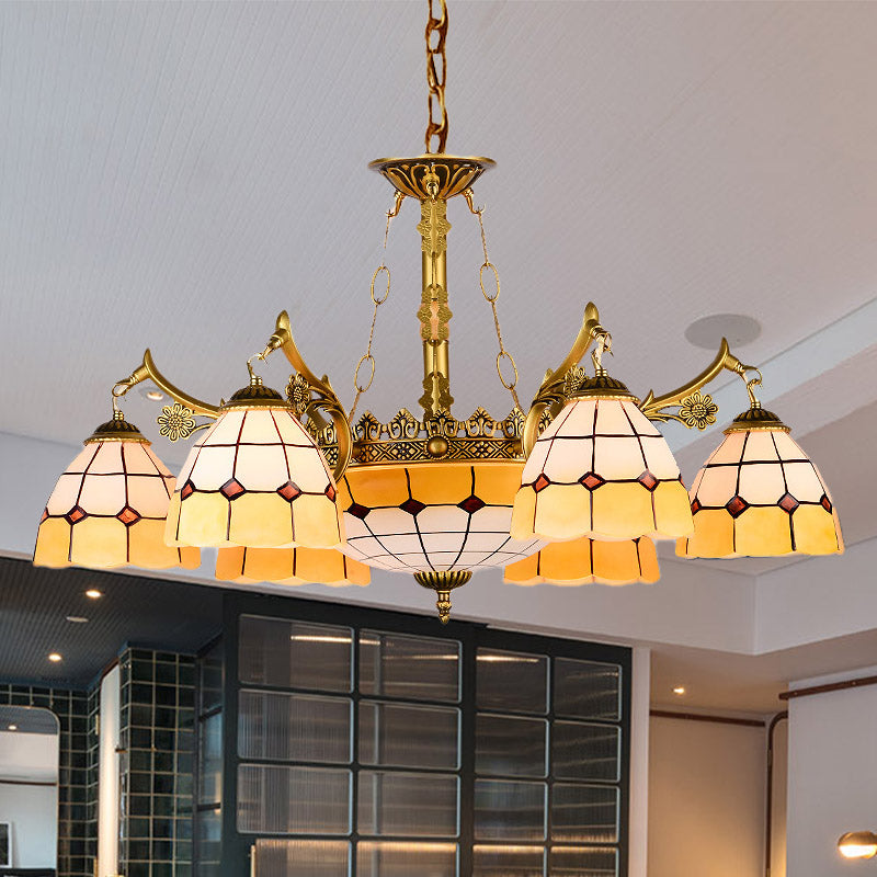 Mediterranean Dome Chandelier With 11 Yellow Stained Glass Lights - Perfect For Living Rooms