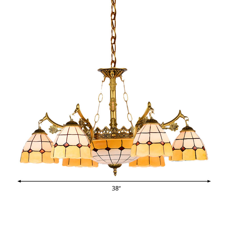 Mediterranean Dome Chandelier With 11 Yellow Stained Glass Lights - Perfect For Living Rooms
