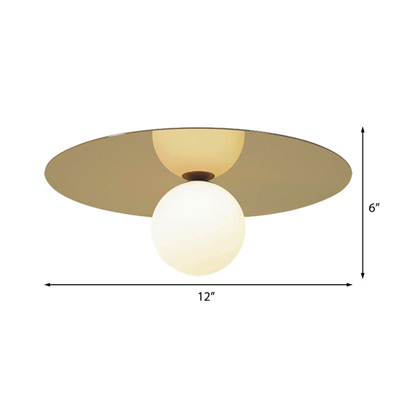 Contemporary 12’ Flushmount Ceiling Lamp With Brass Finish Milk Glass Shade & 1 Bulb