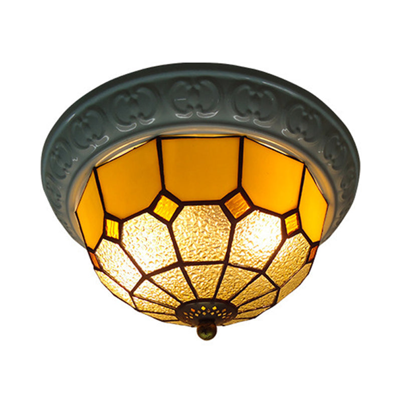 Colorful Grid Pattern Flush Mount Ceiling Light For Hallway - 2 Lights With Tiffany Style Cut Glass