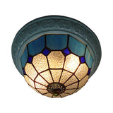 Colorful Grid Pattern Flush Mount Ceiling Light For Hallway - 2 Lights With Tiffany Style Cut Glass
