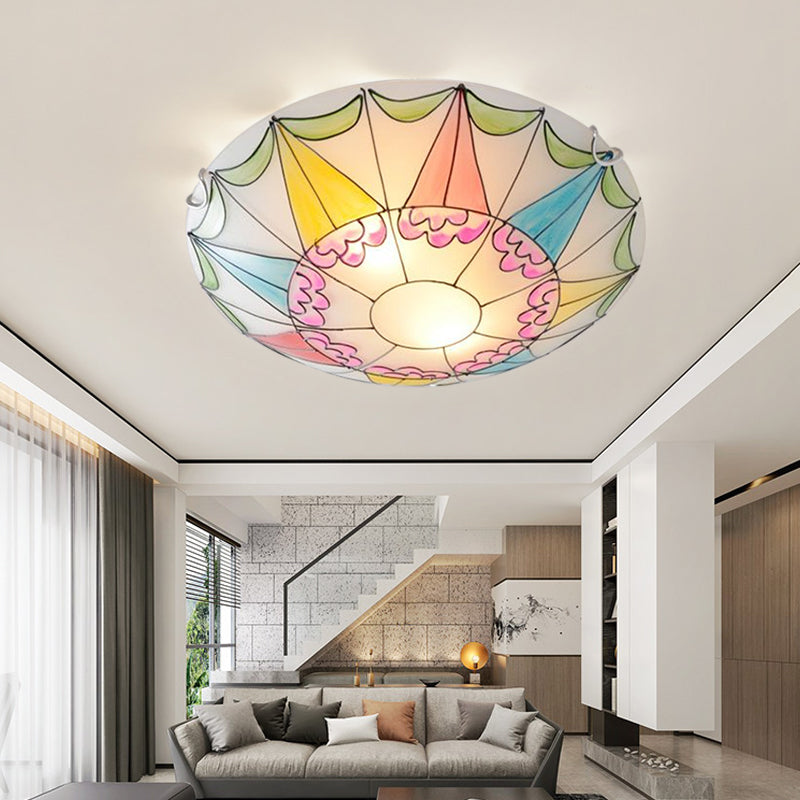Mediterranean Pink Stained Glass Domed Flush Light Fixture - 3/4 Lights Ceiling Lighting For Bedroom