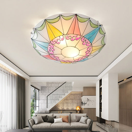 Mediterranean Pink Stained Glass Domed Flush Light Fixture - 3/4 Lights Ceiling Lighting For Bedroom
