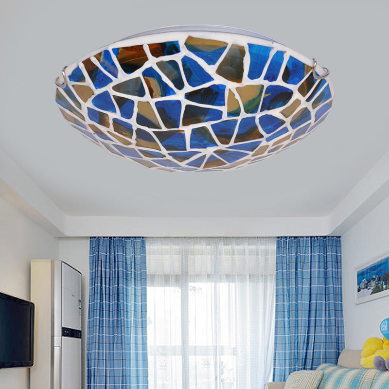 Mediterranean Blue Stained Glass Flushmount Lighting - 2/3/4 Lights Close To Ceiling Lamp For Living