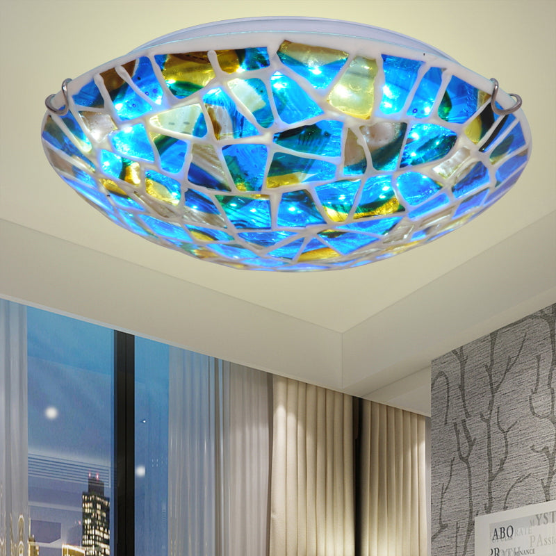Mediterranean Blue Stained Glass Flushmount Lighting - 2/3/4 Lights Close To Ceiling Lamp For