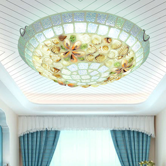 Tiffany - Style Led Flush Mount Lamp With Beige Shell Bowl Shade - Bedroom Ceiling Light Fixture