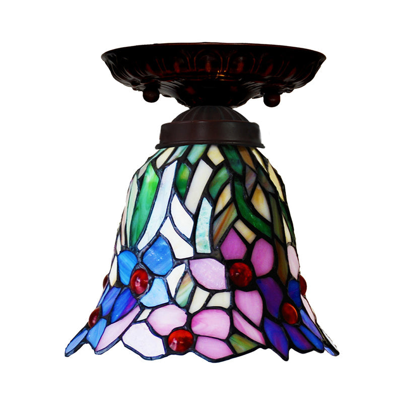 Victorian Bell Flush Mount Ceiling Lamp - Pink/Blue Stained Glass Bedroom Light Fixture With 1