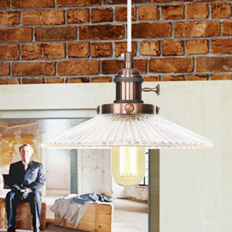Vintage Stylish Clear Ribbed Glass Saucer Pendant Lighting - 1 Head Ceiling Fixture For Coffee Shop