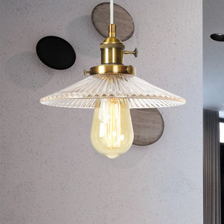 Vintage Stylish Clear Ribbed Glass Saucer Pendant Lighting - 1 Head Ceiling Fixture For Coffee Shop