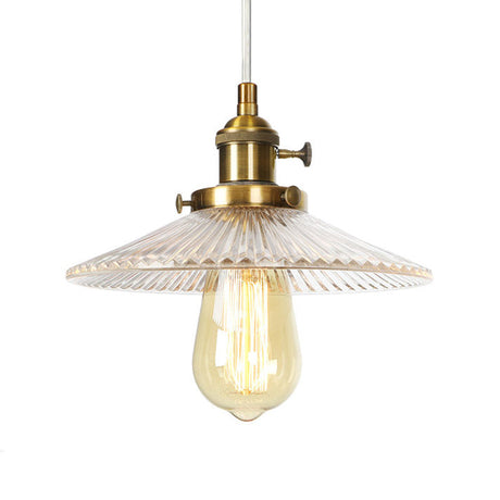 Vintage Stylish Clear Ribbed Glass Saucer Pendant Lighting - 1 Head Ceiling Fixture For Coffee Shop