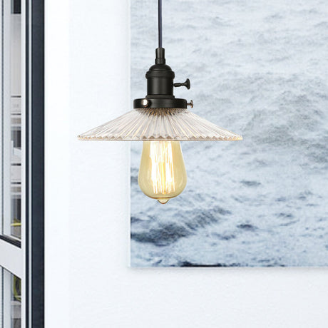 Vintage Stylish Clear Ribbed Glass Saucer Pendant Lighting - 1 Head Ceiling Fixture For Coffee Shop