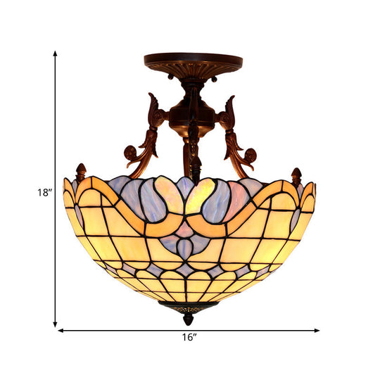 Dome Semi-Mount Tiffany Beige/Light Blue Glass Ceiling Light Fixture - Bronze 3-Light Living Room