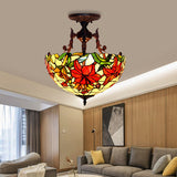 Victorian Bronze Semi Flush Light With Dome/Cone Red/Green Cut Glass Shade For Living Room