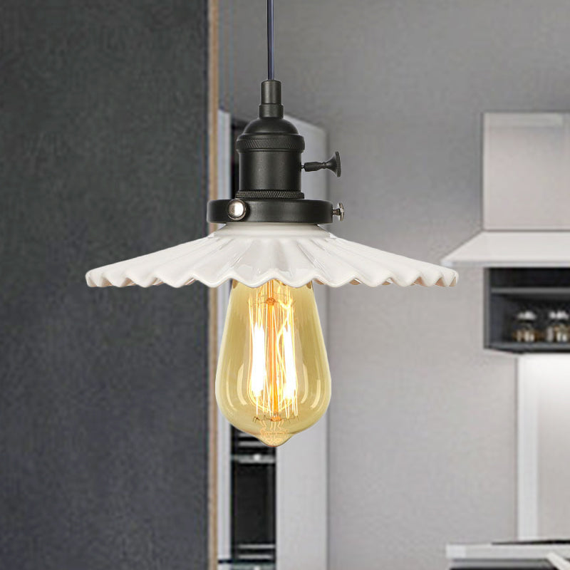 Ceramic Scalloped Edge Industrial Pendant Light With Single Bulb For Dining Rooms In Black Bronze
