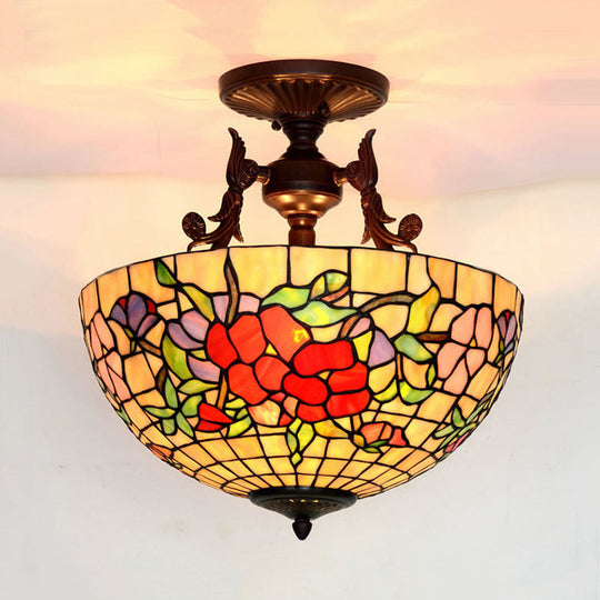 Mediterranean Stained Glass Semi Flush Mount Light - 3 Red/Blue Lights For Living Room Ceiling Red