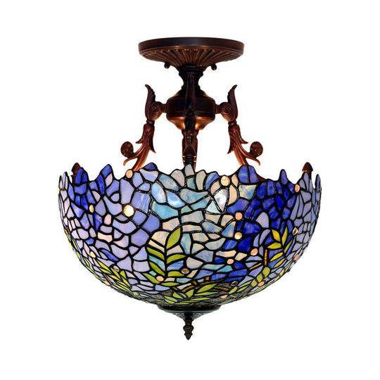 Victorian Blue Stained Glass Ceiling Light Fixture - 3-Light Domed Semi Mount For Kitchen
