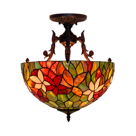 Mediteranean Flower Stained Glass Ceiling Light - 3-Light Semi Flush For Bedroom Red