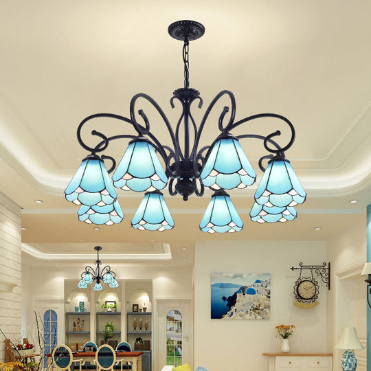 Tiffany Style Blue Glass Chandelier With Black Frame And Multiple Lights 8 /