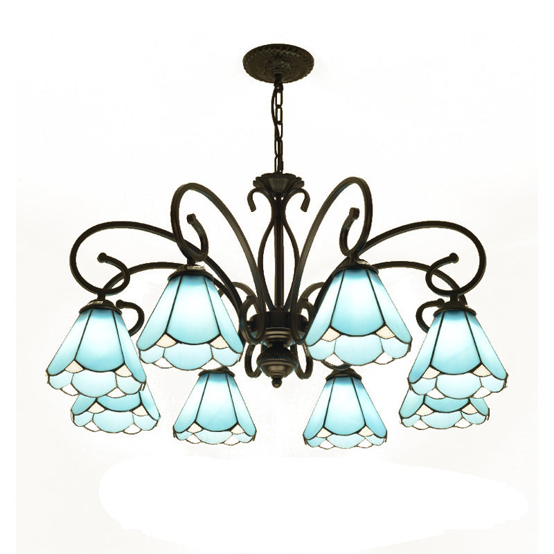 Tiffany Style Blue Glass Chandelier With Black Frame And Multiple Lights