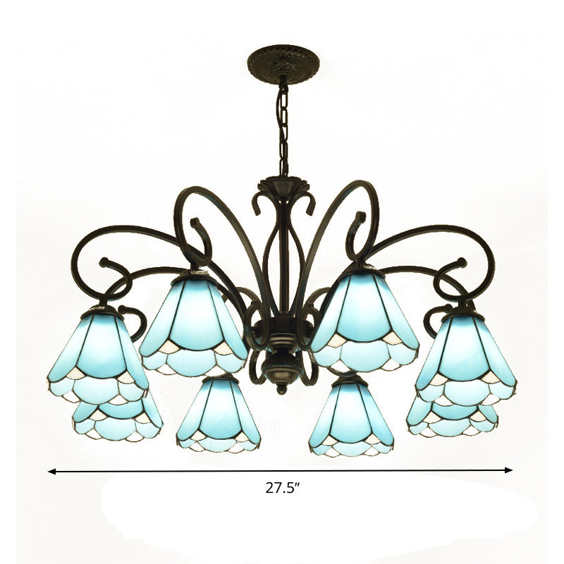 Tiffany Style Blue Glass Chandelier With Black Frame And Multiple Lights
