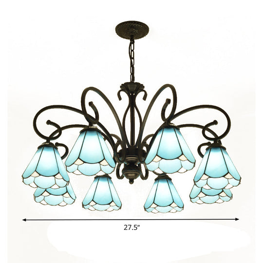 Tiffany Style Blue Glass Chandelier With Black Frame And Multiple Lights