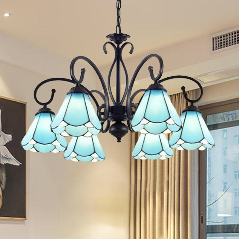 Tiffany Style Blue Glass Chandelier With Black Frame And Multiple Lights 6 /