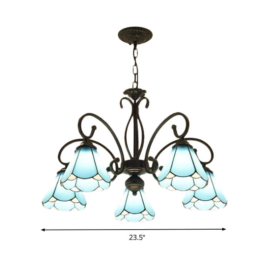 Tiffany Style Blue Glass Chandelier With Black Frame And Multiple Lights