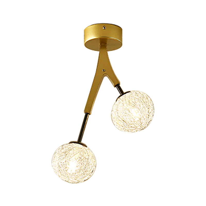 Gold Finish Handwoven Ball Semi Flush Light Fixture - Modern Ceiling Mount