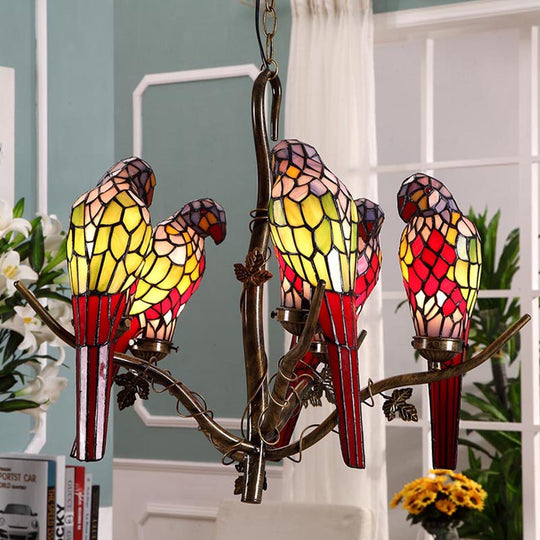 Green Parrot Chandelier - 5-Light Cut Glass Suspension Lamp For Living Room