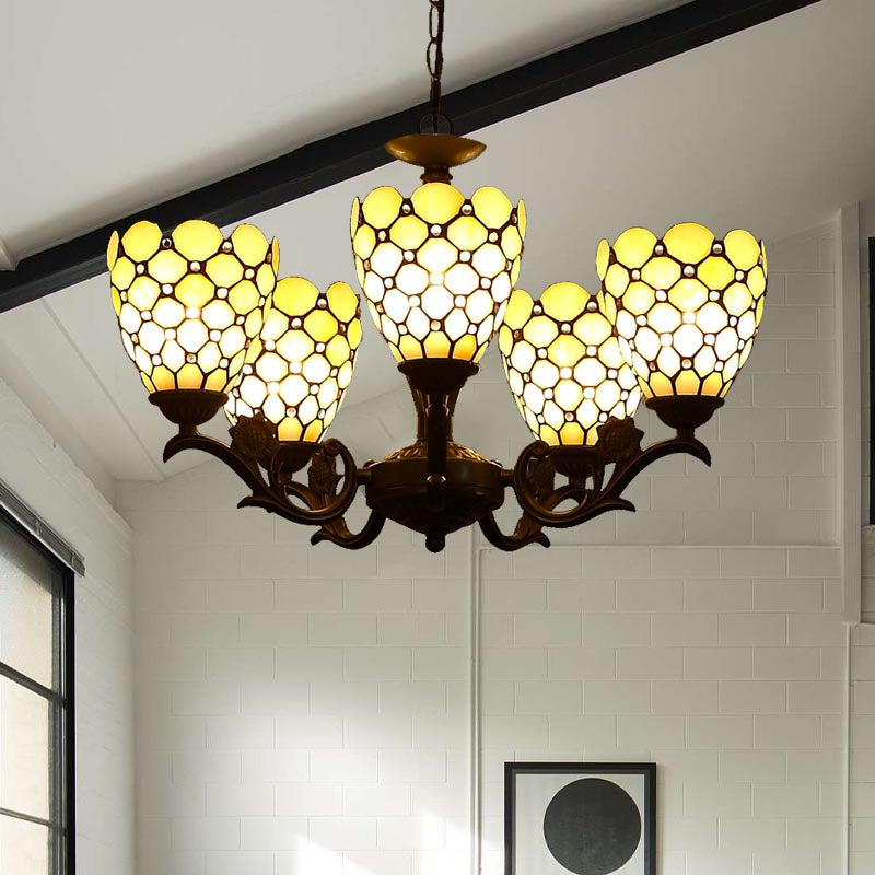 Tiffany Style Beige Glass Chandelier 5-Light Fixture With Black Suspension