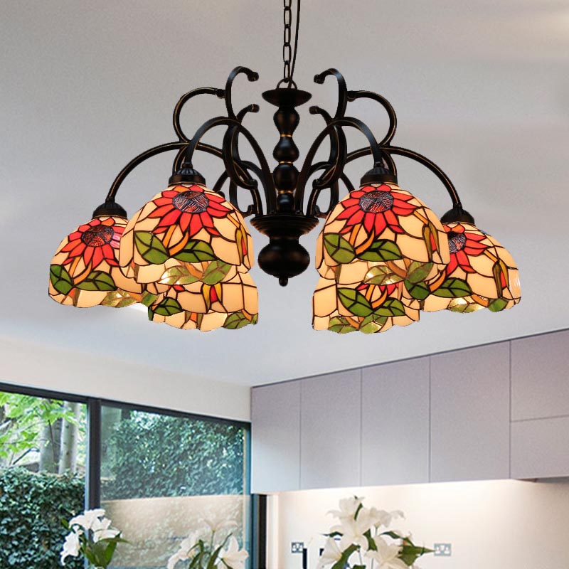 Victorian Cut Glass Floral Chandelier: 6-Head Black Pendant Light For Living Room