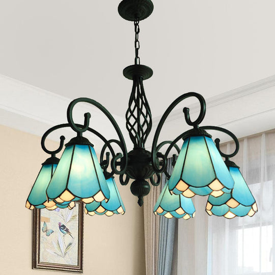 Baroque Black Cone Chandelier With 5/6/8 White/Blue Glass Drop Lights For Living Room 6 / Blue