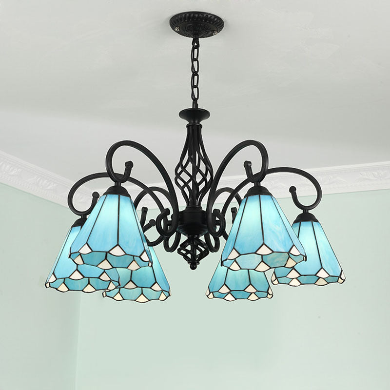 Baroque Black Cone Chandelier With 5/6/8 White/Blue Glass Drop Lights For Living Room