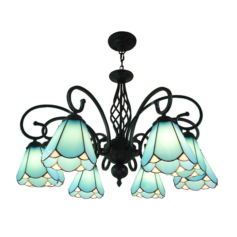 Baroque Black Cone Chandelier With 5/6/8 White/Blue Glass Drop Lights For Living Room 8 / Blue