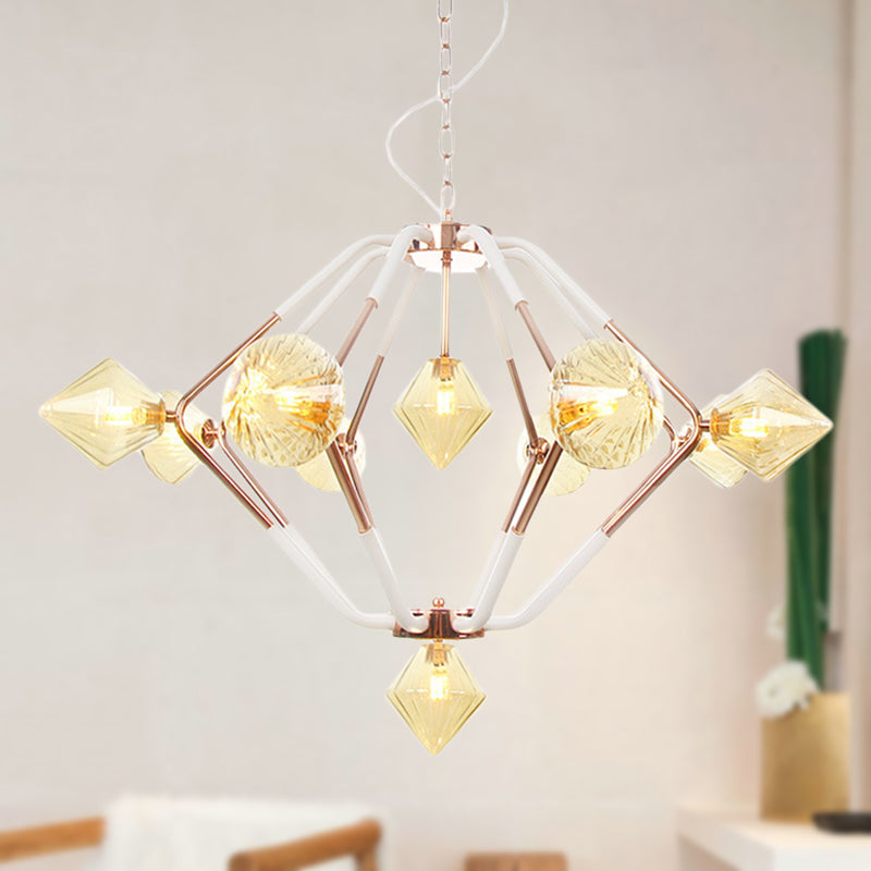 Modern Rose Gold Led Bedroom Chandelier With Diamond Glass Shade - 10-Light Hanging Ceiling Lamp