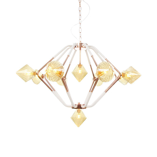 Modern Rose Gold Led Bedroom Chandelier With Diamond Glass Shade - 10-Light Hanging Ceiling Lamp